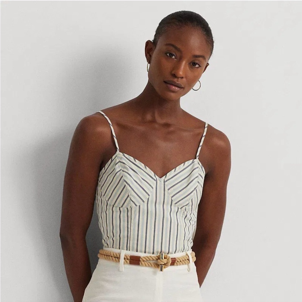 Lauren Ralph Lauren Striped Spaghetti Strap Crop Top, Sleeveless Blouse, 14